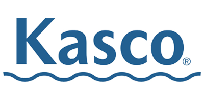 Kasco logo in blue with a wave graphic on a white background.
