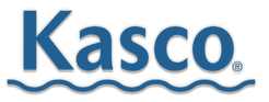 Kasco logo in blue with a wave graphic on a white background.