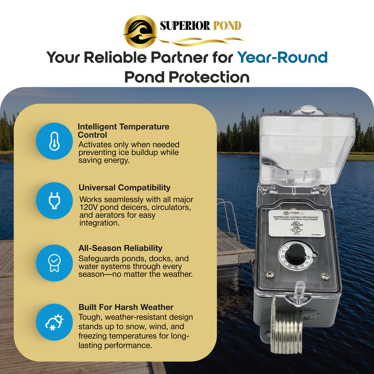 Superior Pond Deicer Thermostat Controller | Temperature Switch for Deicing Projects