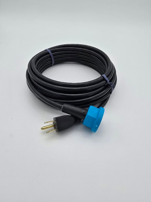 A black power cord with a blue quick-disconnect terminal and a plug, presumably for aquatic circulation and aeration equipment.