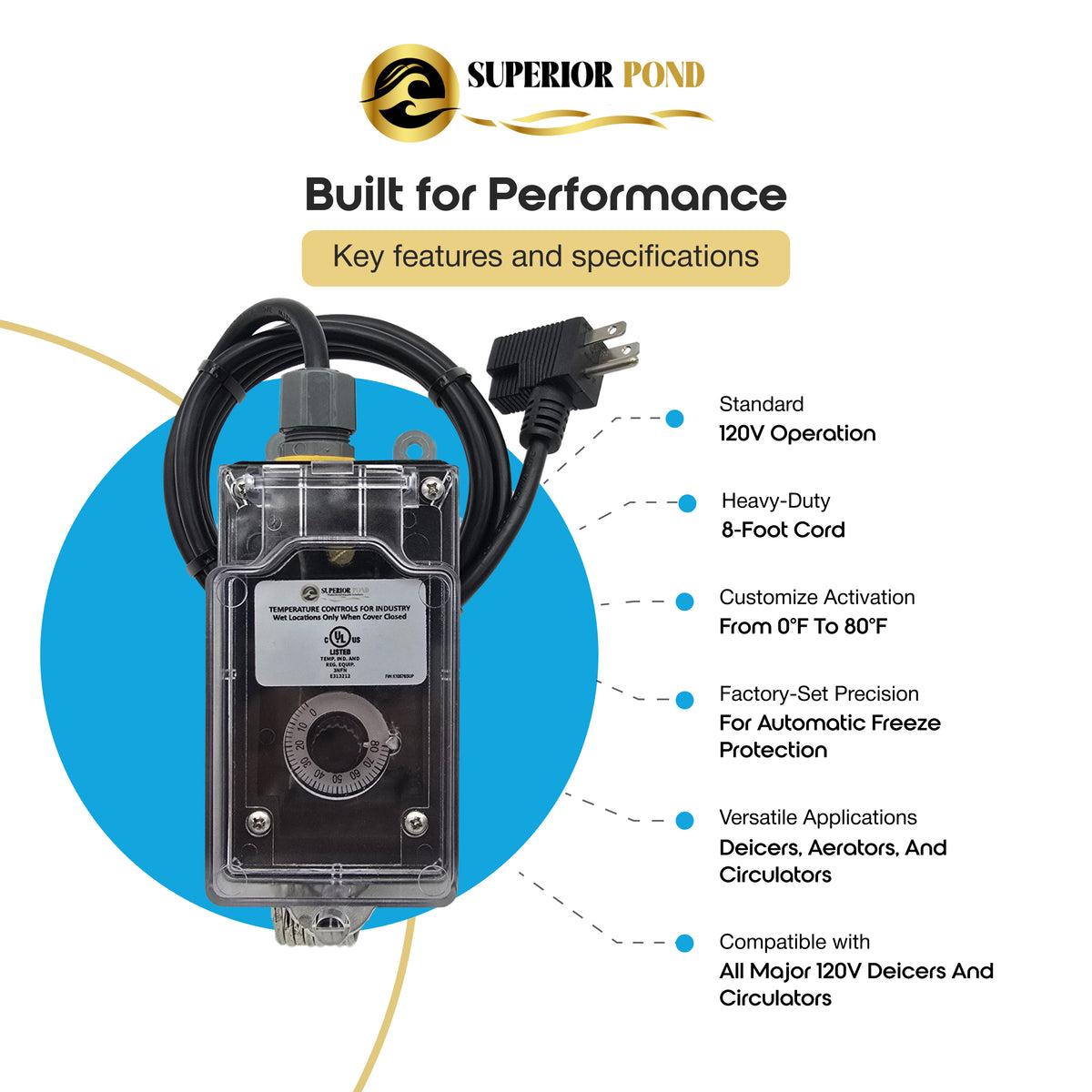 Superior Pond Deicer Thermostat Controller | Temperature Switch for Deicing Projects