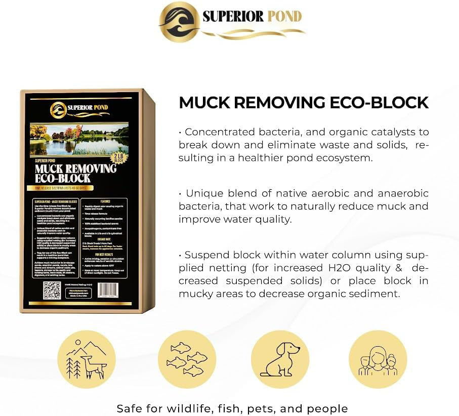 Superior Pond Eco-Block Pond &amp; Lake Muck Remover – Time Release Beneficial Bacteria Block for Organic Muck, Sludge & Sediment | 2 lb & 5 lb