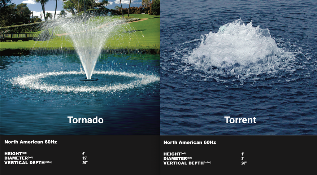 Two water fountain designs labeled 'Tornado' and 'Torrent' with specifications on a black background.