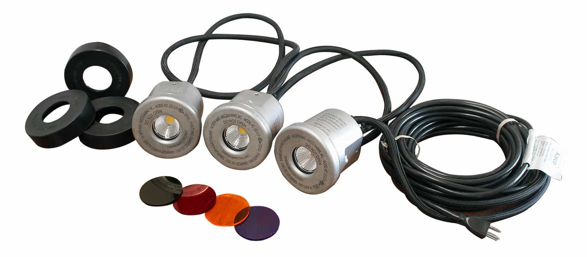 Kasco Marine: SS LED Light Kit, 3 Lights, 200ft cord, Full Stainless Steel Sleeving cord protection