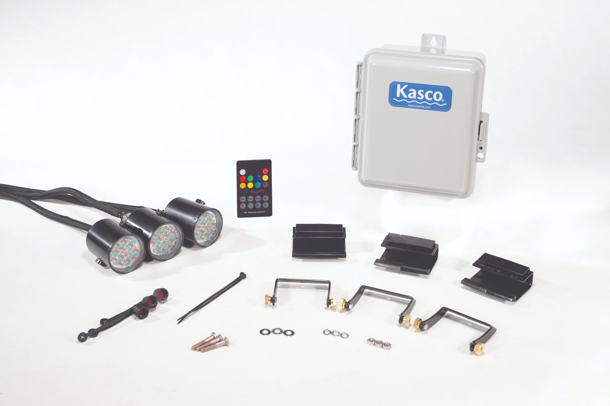 Kasco Marine: RGB Light kit,3 fixtures, with 50ft cord, Full Stainless Steel Sleeving cord protection