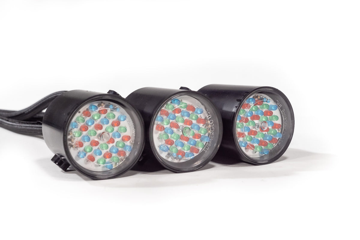 Kasco Marine: RGB Light kit,3 fixtures, with 100ft cord, Full Stainless Steel Sleeving cord protection
