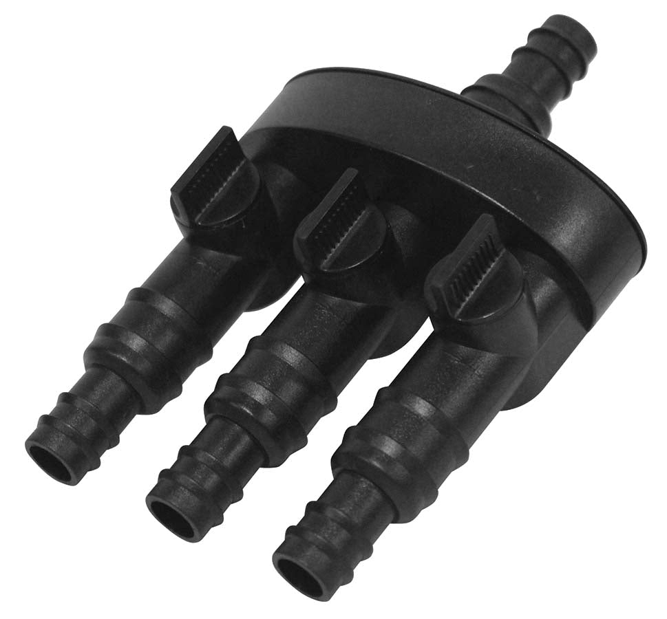EasyPro: TD Fountain 3 way Splitter - 1/2" & 3/4" barb inlet with 3 valved 1/2" & 3/4" barb outlets