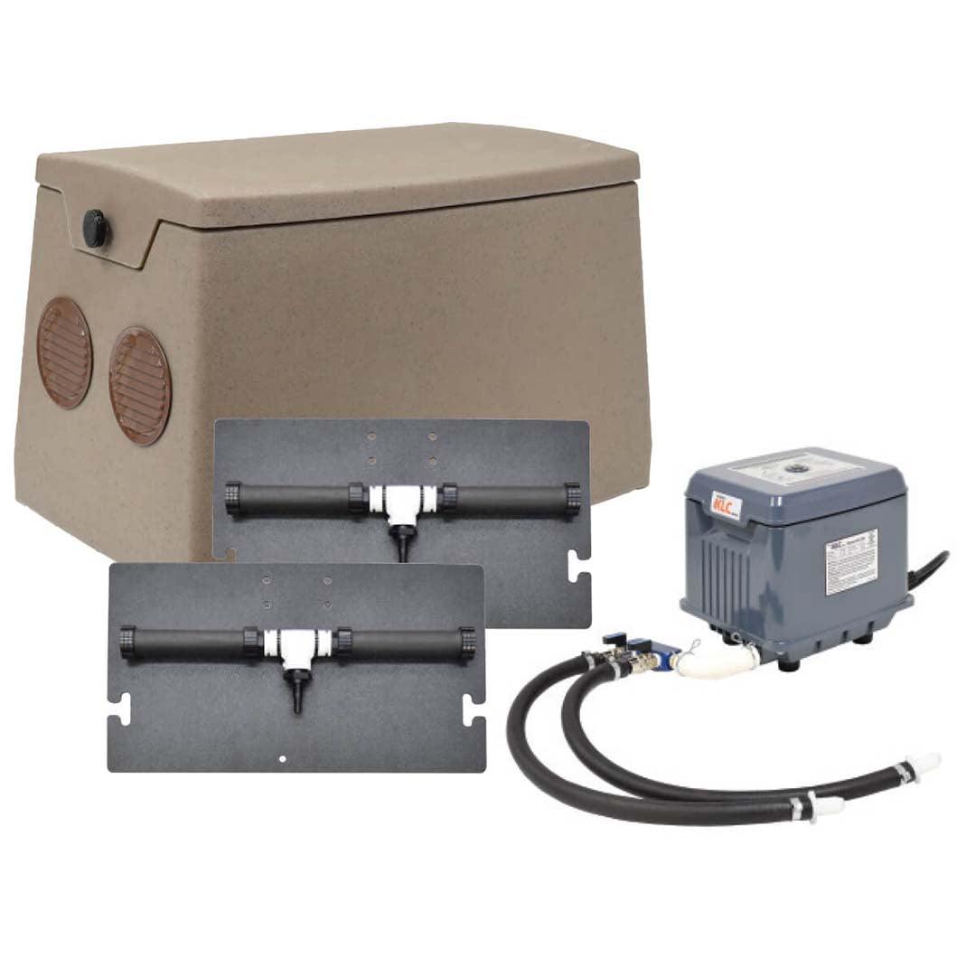 An image showing components of a diffused air de-icing system which include a beige weather-resistant cabinet enclosure, a blue compressor, black air diffusers, and tubing.