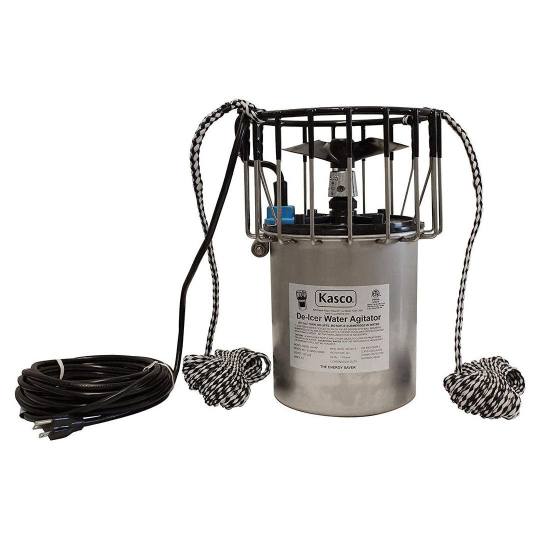 A Kasco Marine dock deicer unit with a power cord and mounting ropes, designed to prevent ice formation around docks.