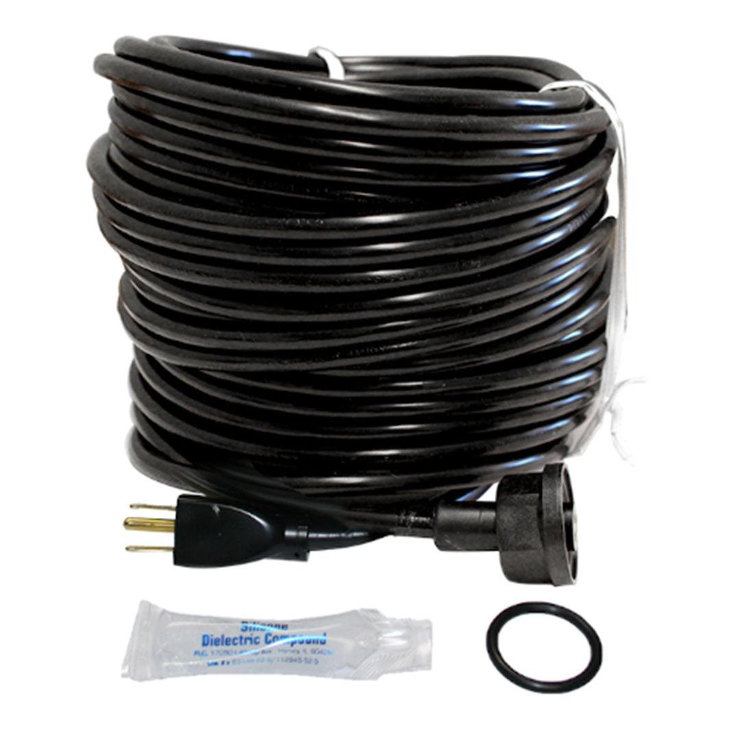 A coiled black power cord with a plug and socket, intended for use with Kasco lake and pond products.