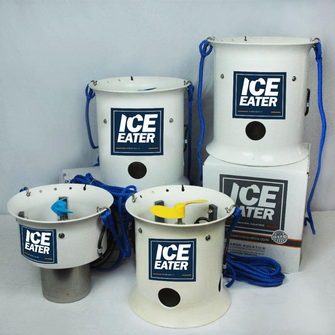 A set of Bearon Aquatics Ice Eater de-icers in various sizes with coiled blue cables and yellow plugs, designed to prevent ice formation around water bodies.